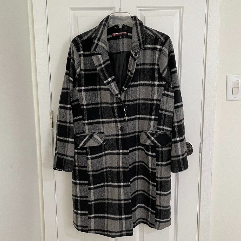 Urban Republic Black & Gray Plaid Wool-Blend Coat Long
